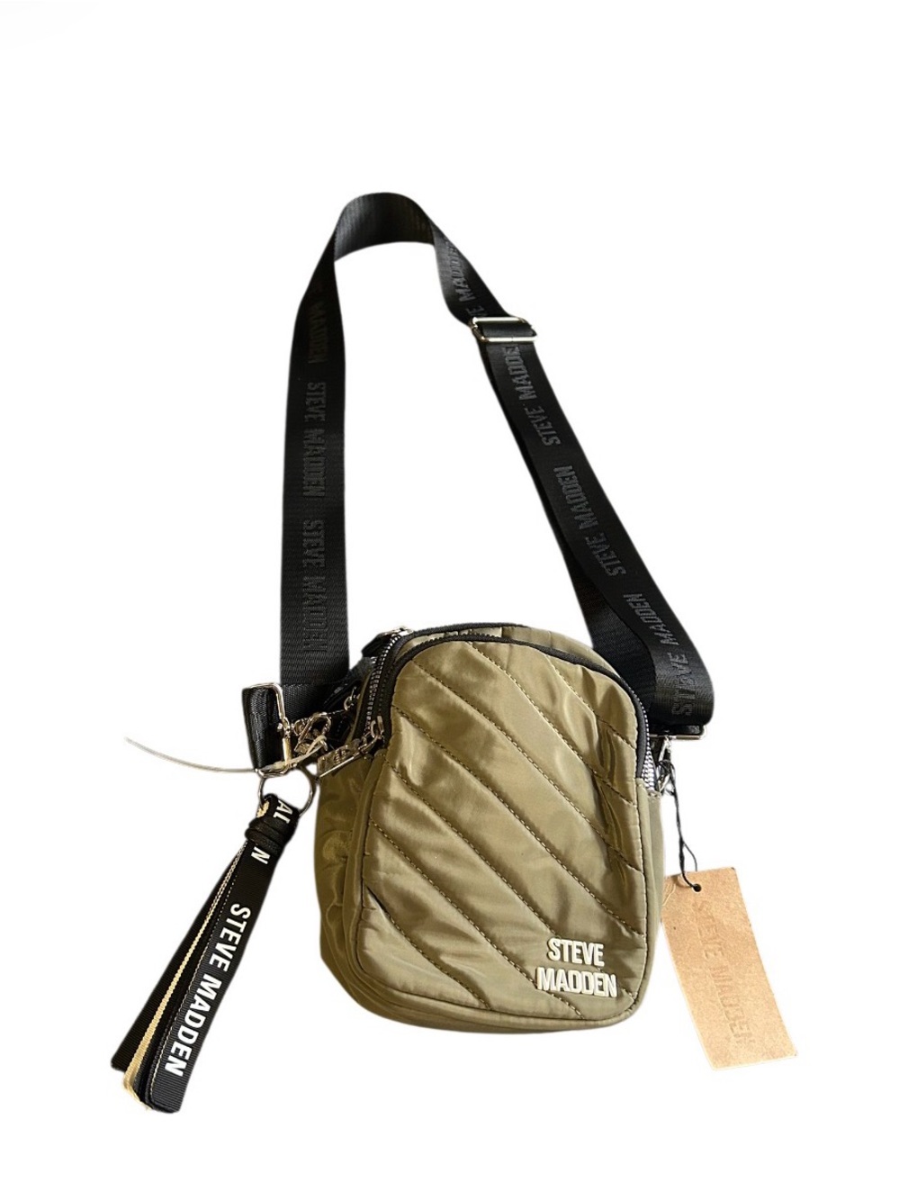 Steve Madden Olive Quilted Crossbody Bag with Black Strap